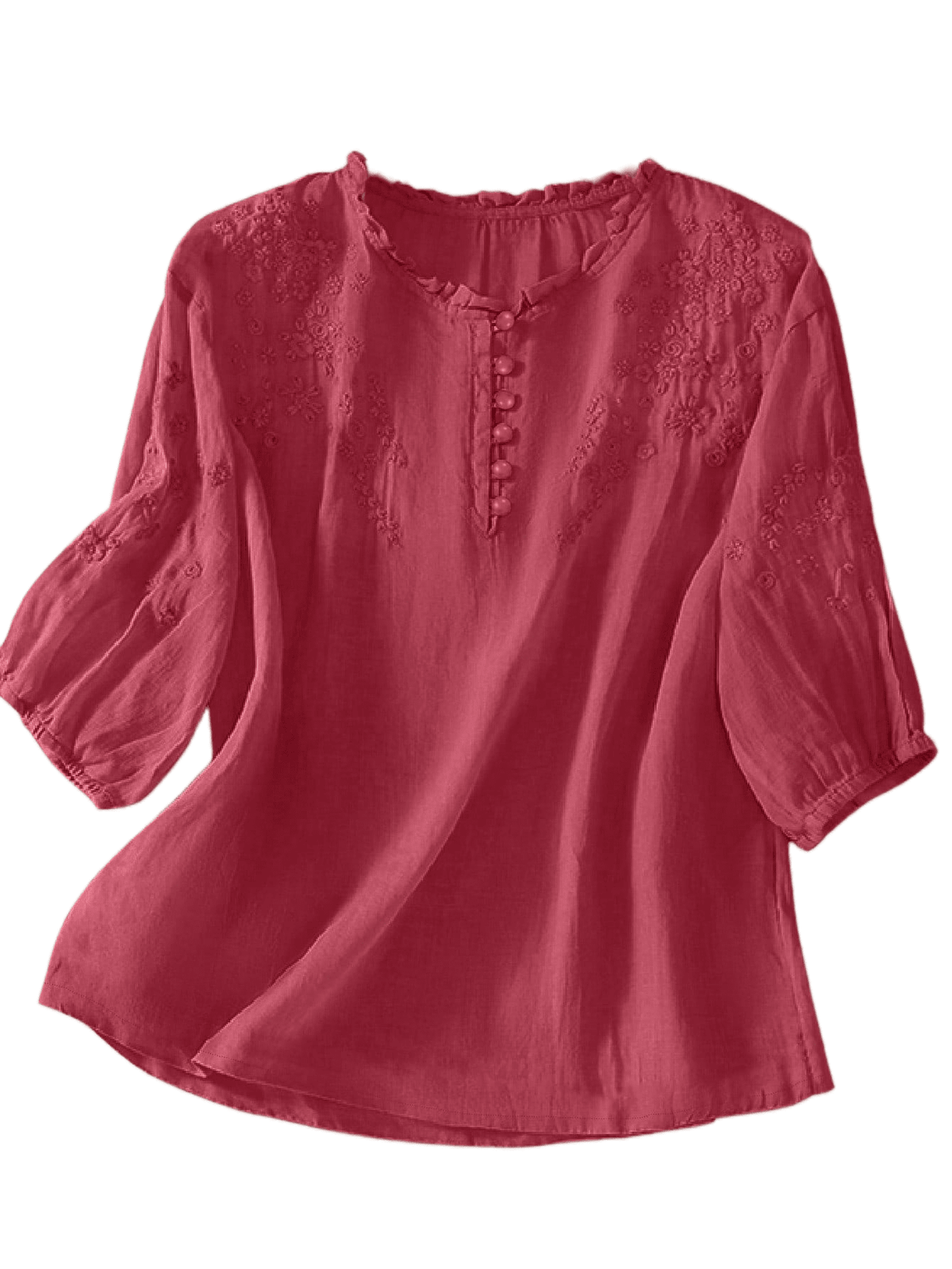 Embroidered blouse for women with ruffle neckline and half sleeves