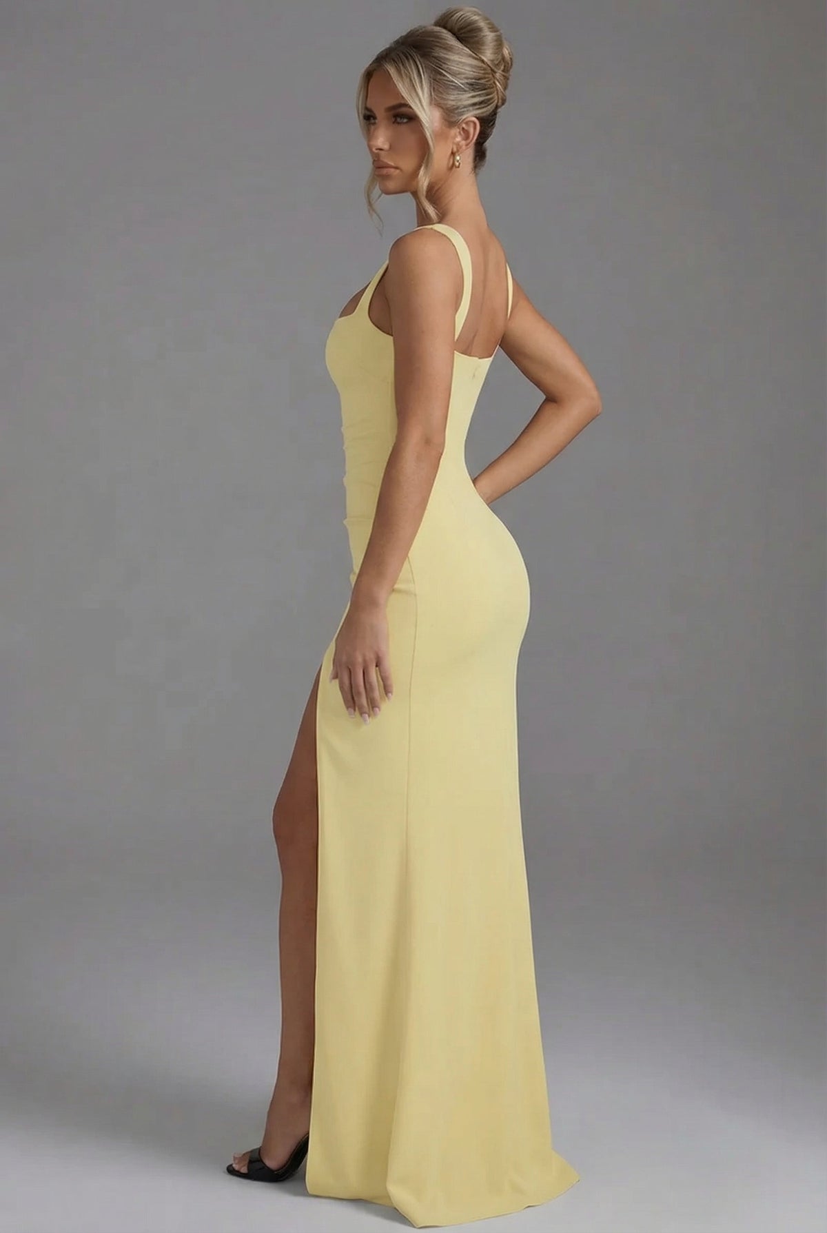 Formal dresses for women, square neck bodycon maxi dress with ruched waist and back zip