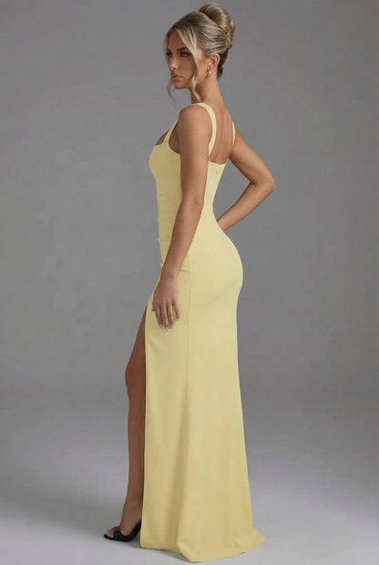 Formal dresses for women, square neck bodycon maxi dress with ruched waist and back zip