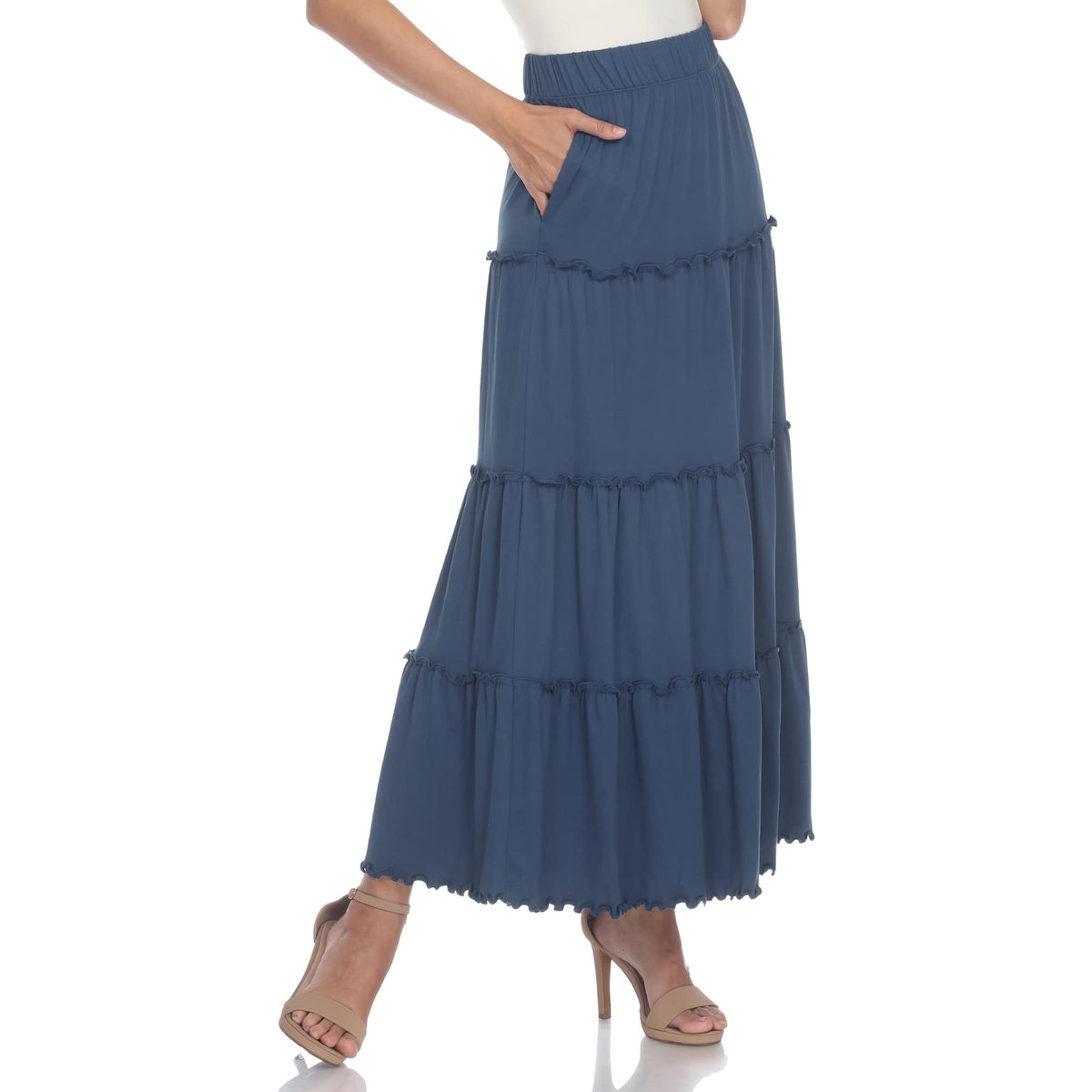 Tiered maxi skirt for women with ruffled hem, A-line fit and side pockets