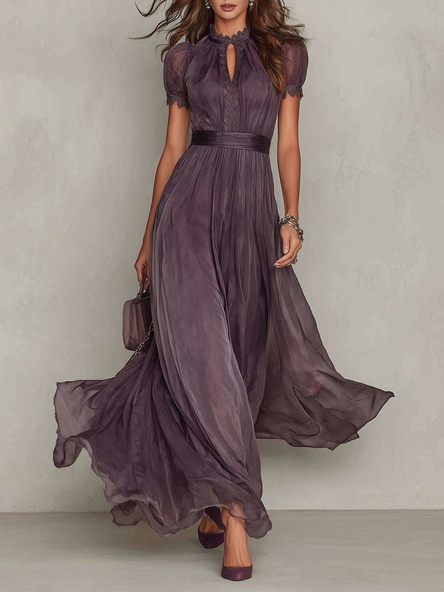 Formal dresses for women, short sleeve maxi dress with lace trim