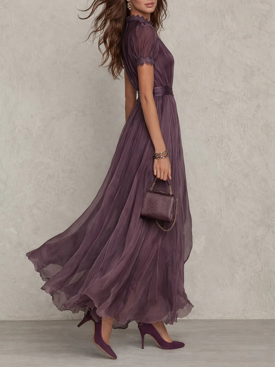 Formal dresses for women, short sleeve maxi dress with lace trim