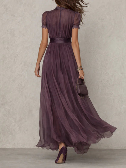 Formal dresses for women, short sleeve maxi dress with lace trim