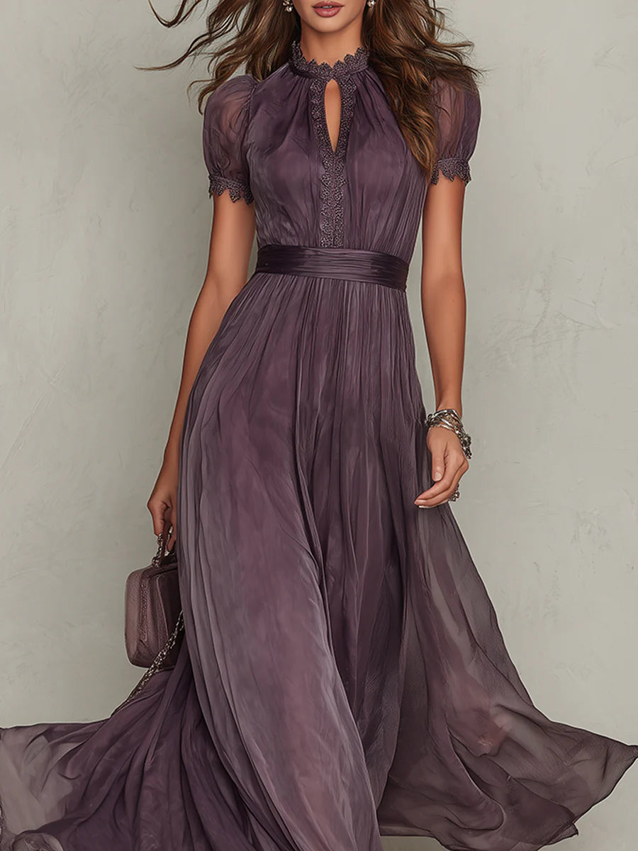 Formal dresses for women, short sleeve maxi dress with lace trim