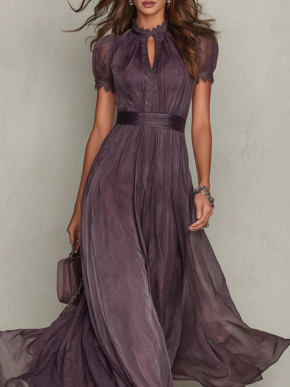 Formal dresses for women, short sleeve maxi dress with lace trim