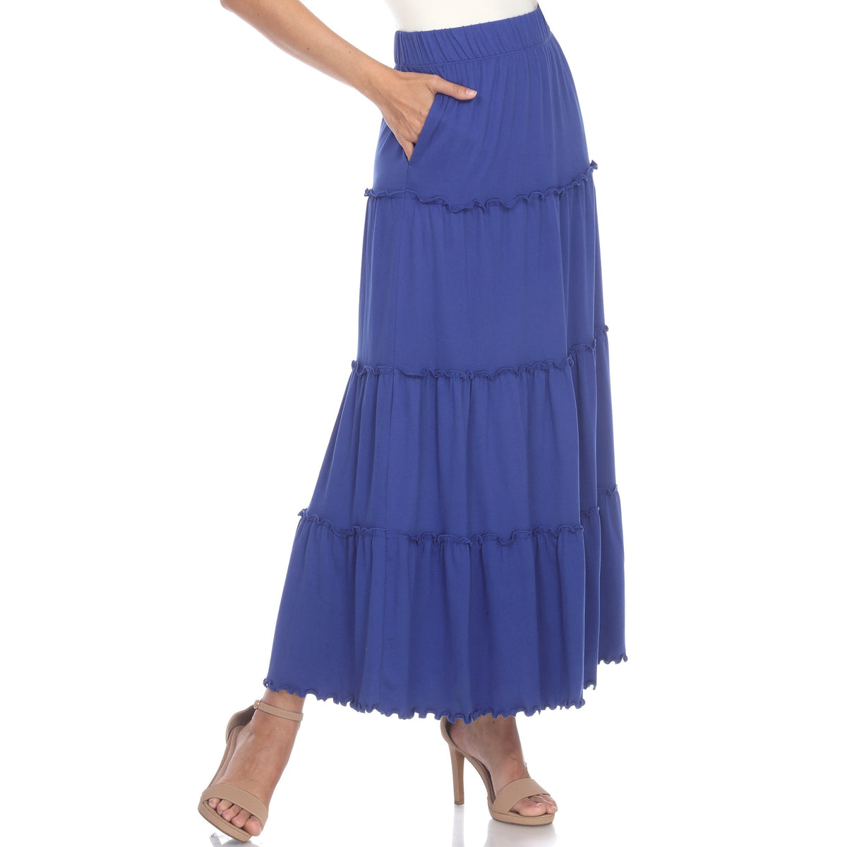 Tiered maxi skirt for women with ruffled hem, A-line fit and side pockets