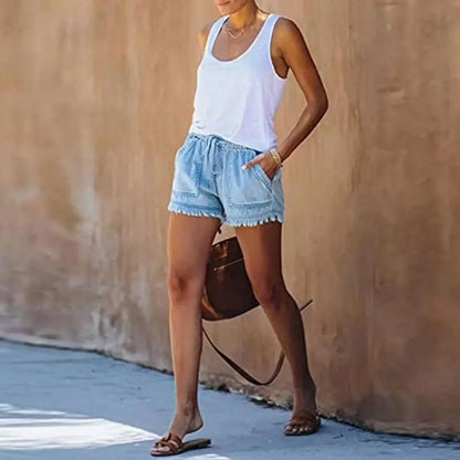 Womens shorts with drawstring waist and frayed hem, denim look